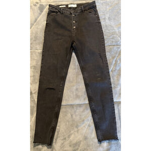 Bershka Womens Black Skinny Jeans Size 8 Skinny High Rise Fit Denim Raw Hem